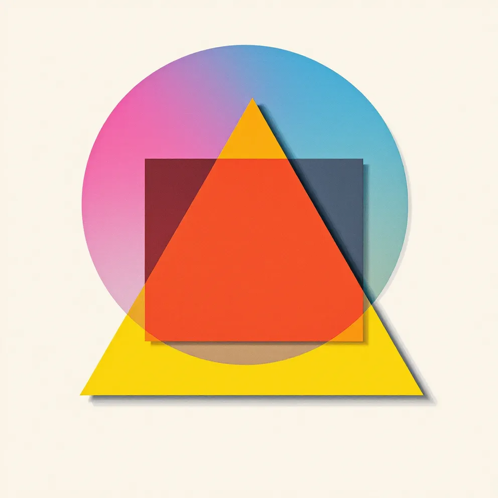 Flat neubrutalist composite emblem of an overlapping blue circle, red square, and yellow triangle