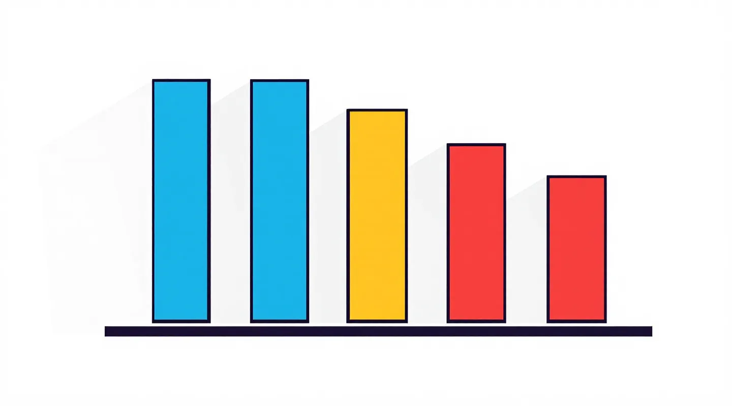 Flat neubrutalist row of stepped blue, red, and yellow bars on a black baseline representing dose ranges