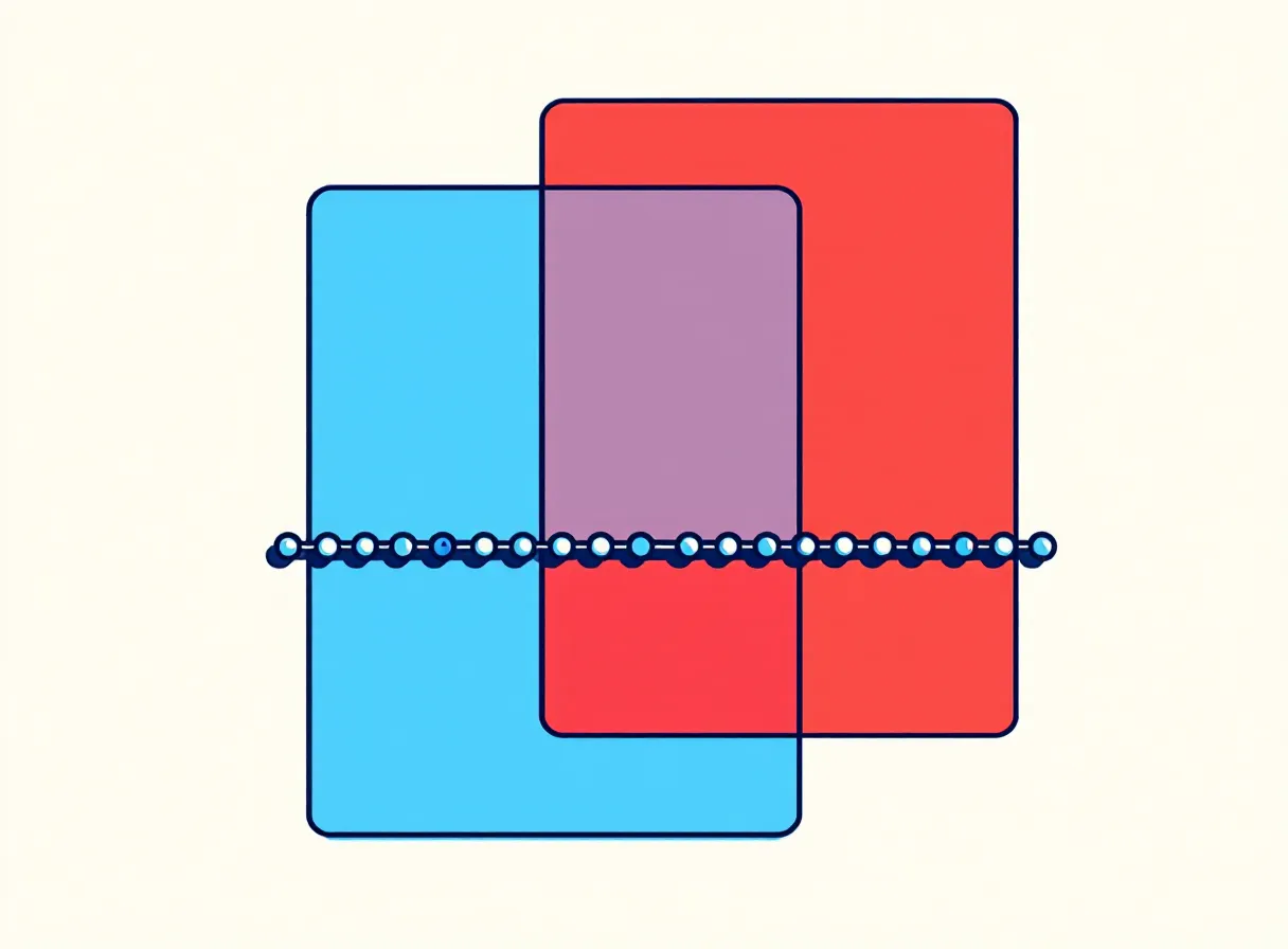 Flat neubrutalist illustration of a blue block and a red block overlapping into a yellow seam with a peptide-chain bead motif