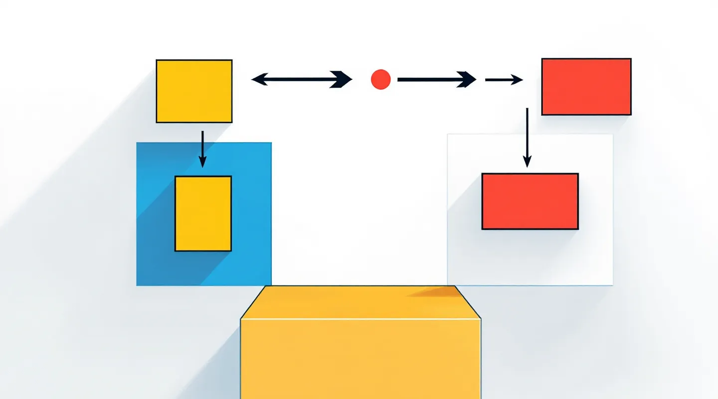 Flat neubrutalist diagram of a blue pathway column and a red pathway column converging into a yellow block