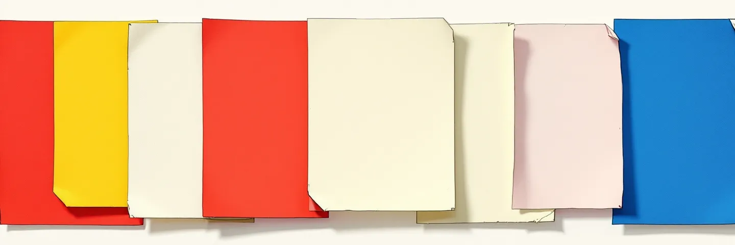 Flat neubrutalist row of seven overlapping document blocks in blue, red, and yellow on off-white