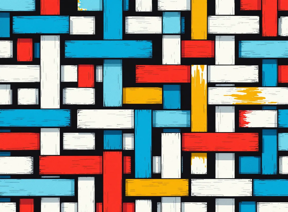 Flat neubrutalist woven lattice of blue, red, and yellow hard-outlined blocks representing tissue repair organization